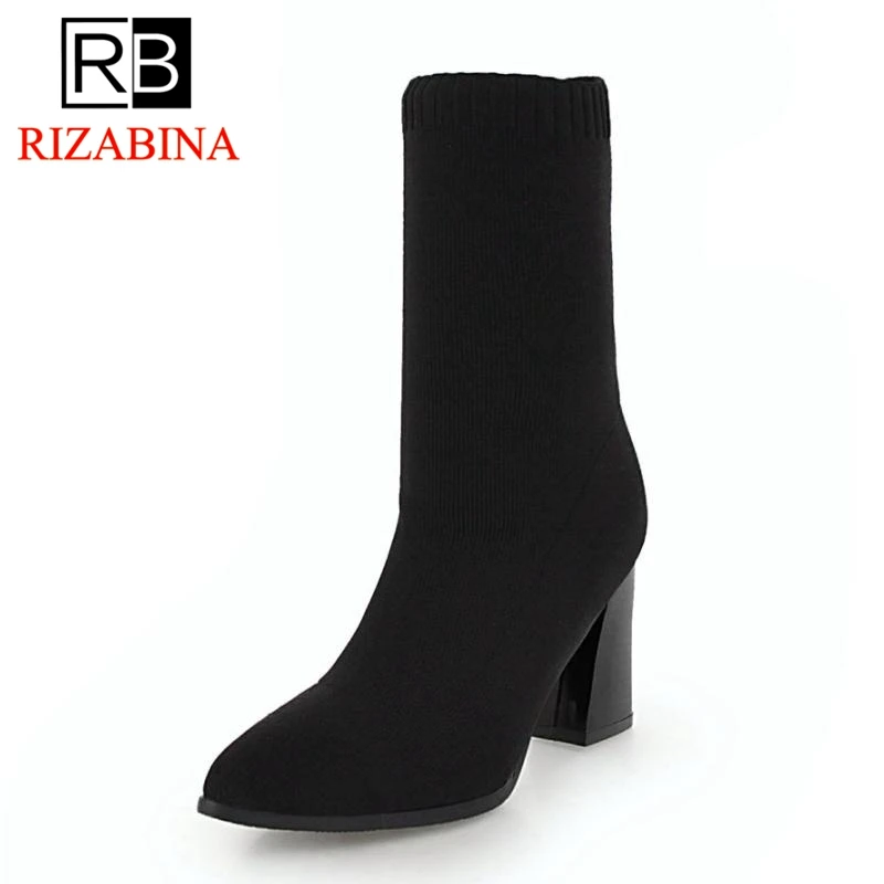 

RizaBina Size 34-43 Woman Boots High Heel Women Shoes Mid Calf Sock Boots Sexy Classic Woman Short Boots Winter Footwear