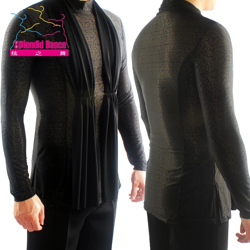 customized Fantasia Latin Dance Tops Black Long Sleeve high quality stretch Shirt New Men Ballroom Competitive Shirts -