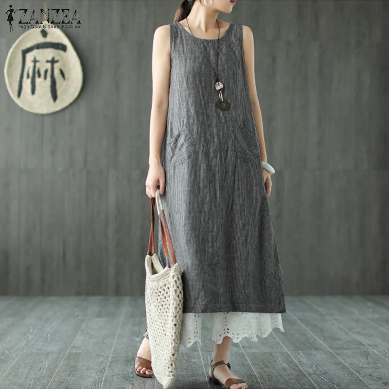 

ZANZEA 2019 Vintage Summer Dress Women Striped Baggy Tunic Vestidos Female O Neck Sleeveless Casual Dresses Pockets Sundress