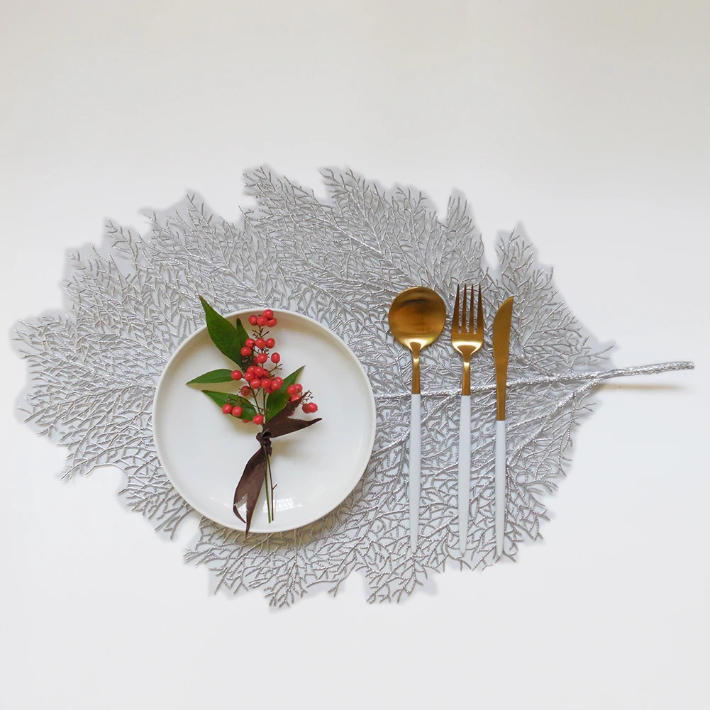 

Silver Artificial Leaf Kitchen Placemat EVA Dining Table Mat Non-Slip Coral branch Pad Waterproof Disc Pads Coasters Decor Hot