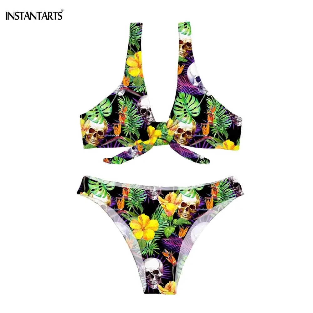 

INSTANTARTS 2019 New Arrival Woman Summer Bow Knot Swimming Suits Tropical Punk Skull Printed Female Bodysuits Brazil Bikini Set