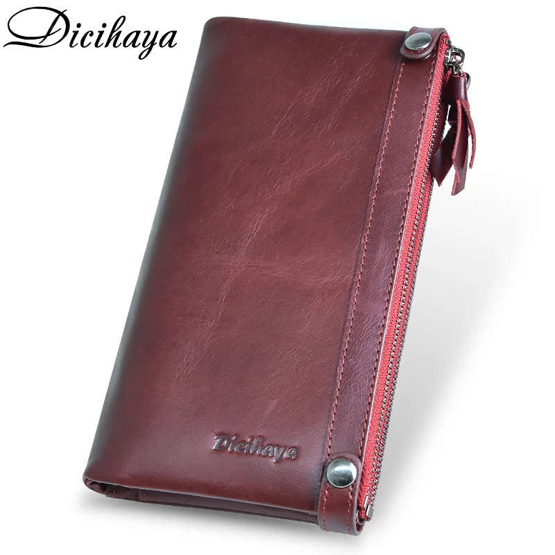 Najtaniej DICIHAYA luksusowej marki prawdziwej skóry kobiet portfel podwójne zamki skórzane portfele długi sprzęgła kieszonkowy na monety czerwony telefon torba