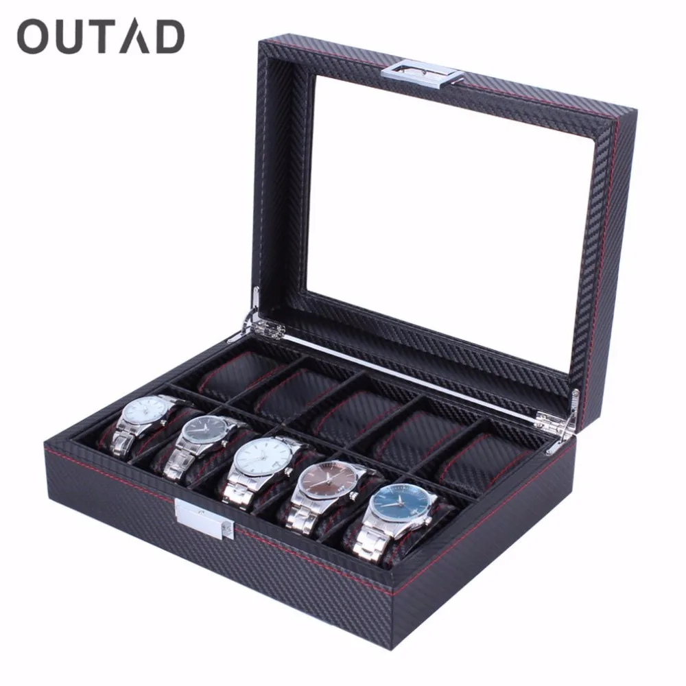 

10 Grids Carbon Fibre Pattern Watch Box Watch Holder Storage Box Jewelry Display Rectangle Black Color Case