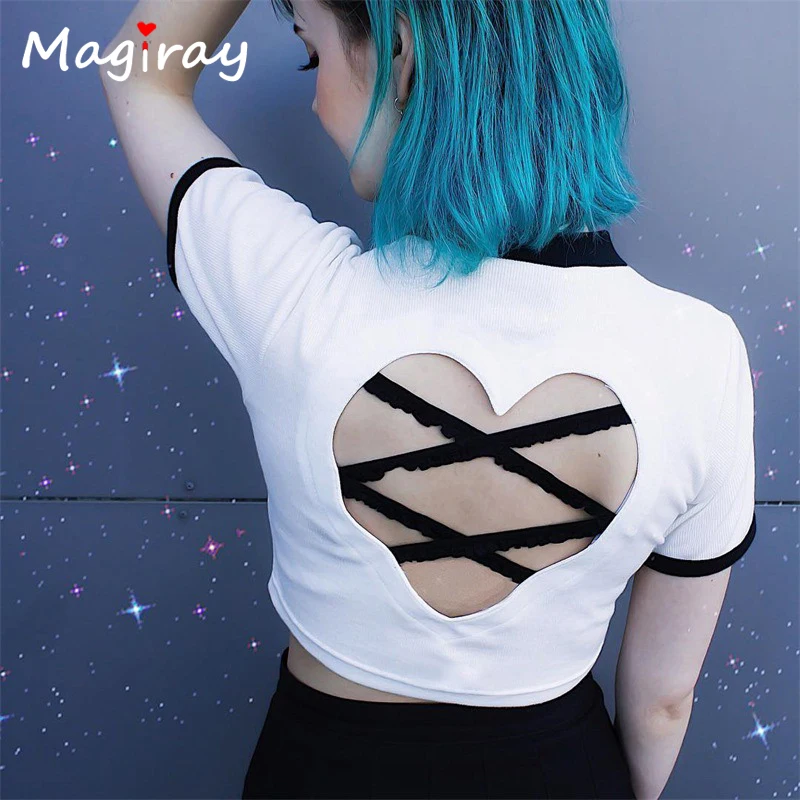 Женская Повседневная футболка Magiray Ulzzang укороченный топ с вырезами в виде