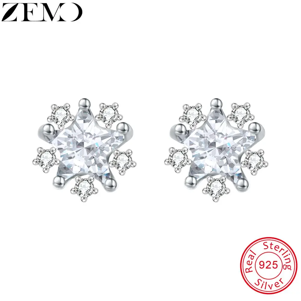 

ZEMO Silver 925 Earrings Star Female Silver Earring 2pcs Snowflake Stud Earrings with AAA Zircon for Women Studs Ear for Banquer