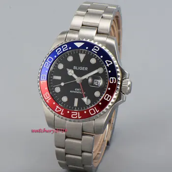 

Newest Hot 43mm Bliger Black dial Luminous hands Sapphire Glass GMT Date Window Automatic Movement Men's Mechanical Watch