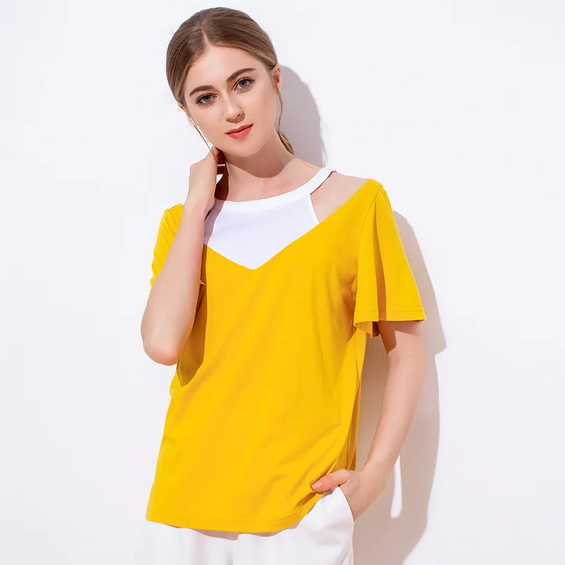

European version t-shirt women 2019 summer new personality collision color short sleeves out shoulder stitching cotton