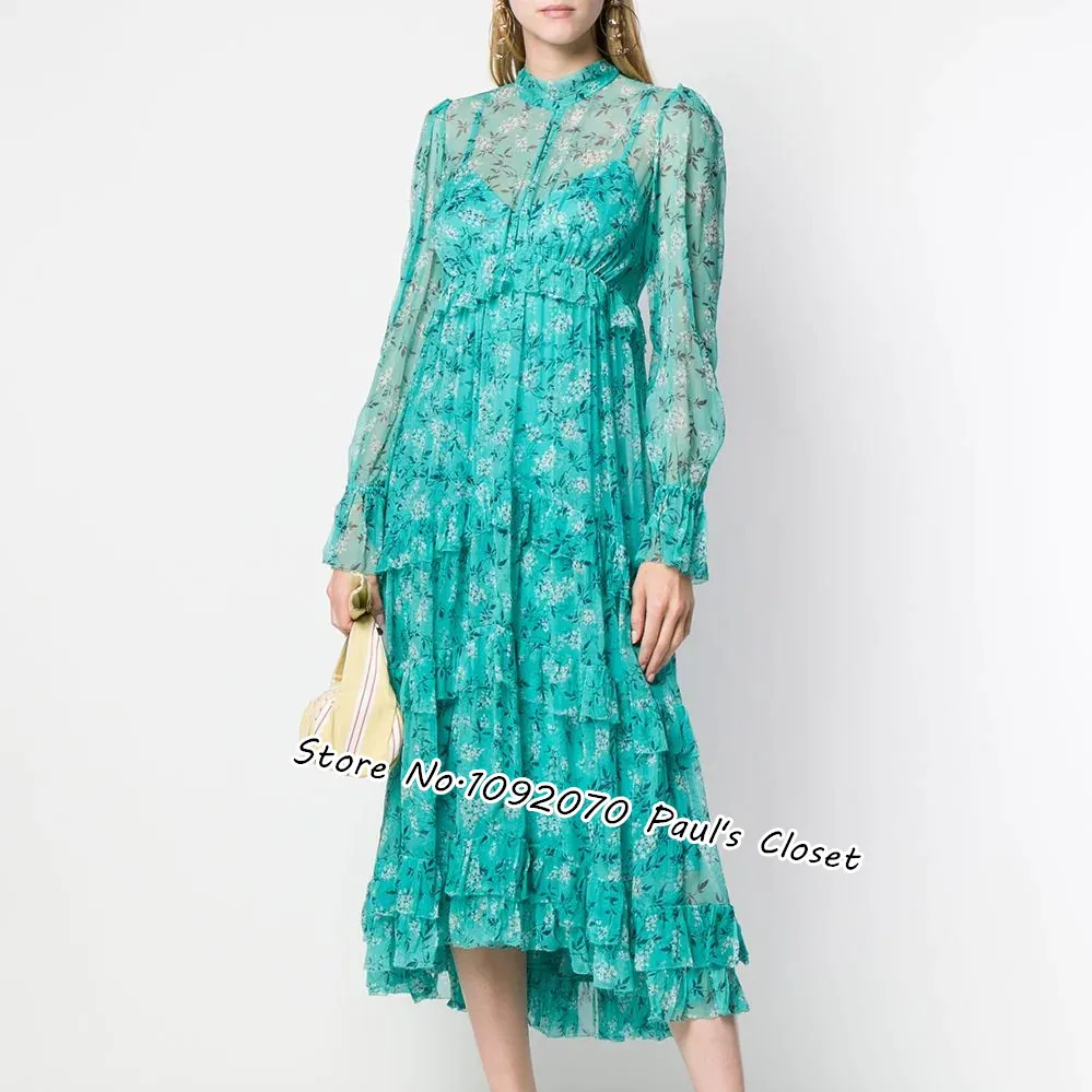 

Women Turquoise Mini Bloom Gathered Frill Silk Midi Dress With Neck Tie At Back