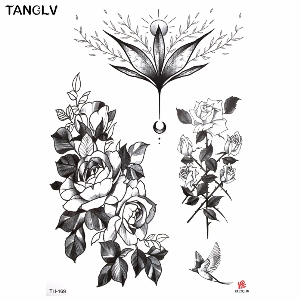 أسود كبير زهرة الجسم الفن للماء المؤقتة مثير الفخذ الوشم روز للمرأة فلاش لصاقات وشم