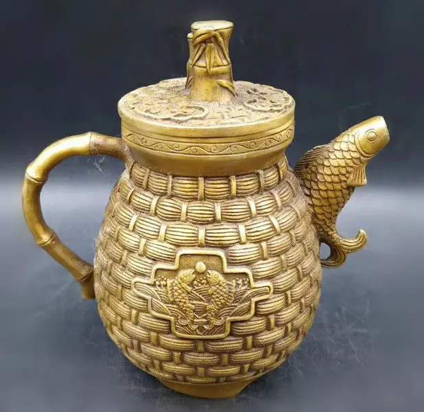 

Китайская латунь ручная работа резной рыбы & бамбуковый чайник