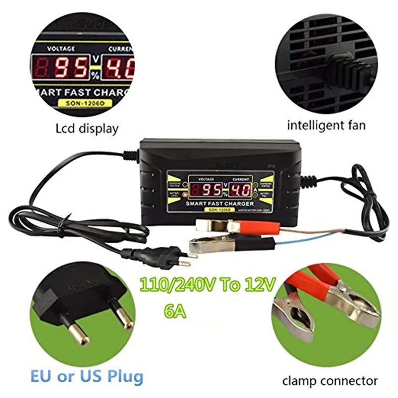ihens5 Full Automatic Smart Fast Car Motorcycle Battery Charger 110V/ 220V Output 12V 6A with LCD Display for Wet Dry Lead Acid