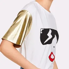 Летняя свободная футболка с принтом и круглым вырезом с золотым рукавом для отдыха, женская футболка с коротким рукавом