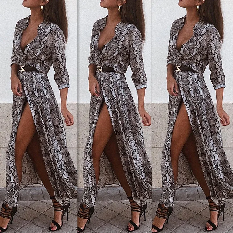 MEZETIHE осень зима платье Для женщин Винтаж Sexy Snake Skin печати рубашка Дамы с длинным