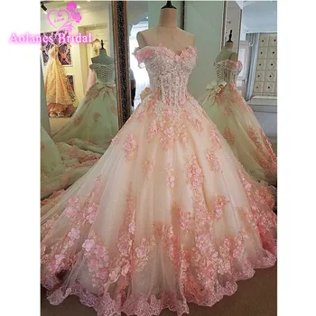 

New Wedding Dress 2017 Sleeveless Vestido De Noiva Pink Flowers Ball Gown Plus Size Wedding Dresses Off The Shoulder Bridal