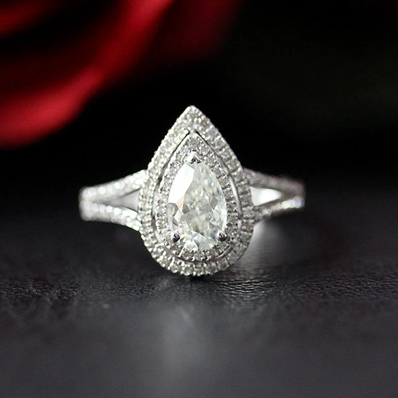 Unique Wedding Ring Double Halo 5x8mm Pear Cut Brilliant Moissanite Engagement Ring 14K White Gold Moissanite Ring For Women Unique Wedding Ring Double Halo 5x8mm Pear Cut Brilliant Moissanite Engagement Ring 14K White Gold Moissanite Ring For Women