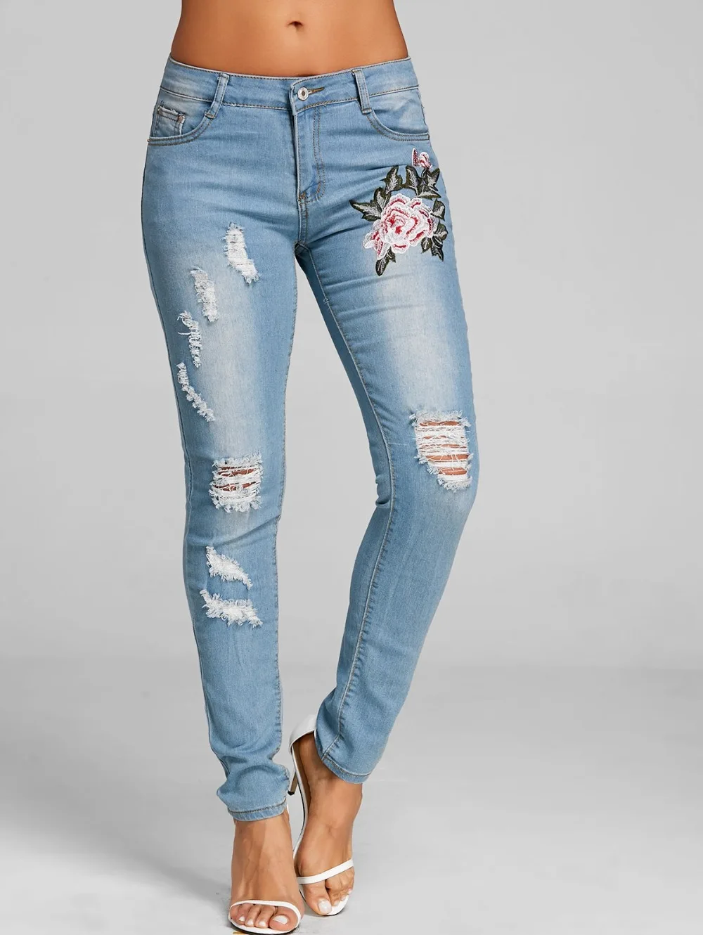 2018 Bleach Wash Women Ripped Skinny Jeans Women Blue Mid Waist Skinny