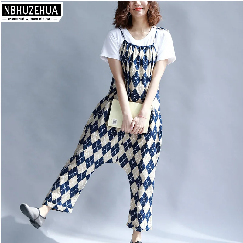 NBHUZEHUA 7G669 Women's Cotton Linen Rompers Jumpsuit Vintage Sleeveless Plaid Overalls