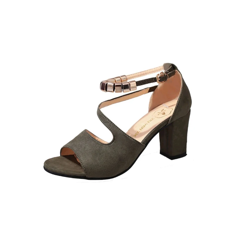 

Summer New Fashion Casual Women Shoes Outerwear buckle suede Sandals Fish Mouth Rough With High-Heeled Metal Beaded Sandals