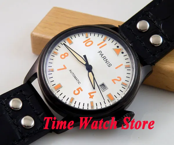 

Parnis watch 47mm white dial PVD case black leather strap Automatic movement men's watch 104