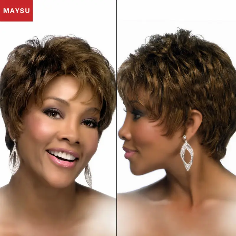 MAYSU Elegant Short Curly Human Hair Wigs For Black Women ...