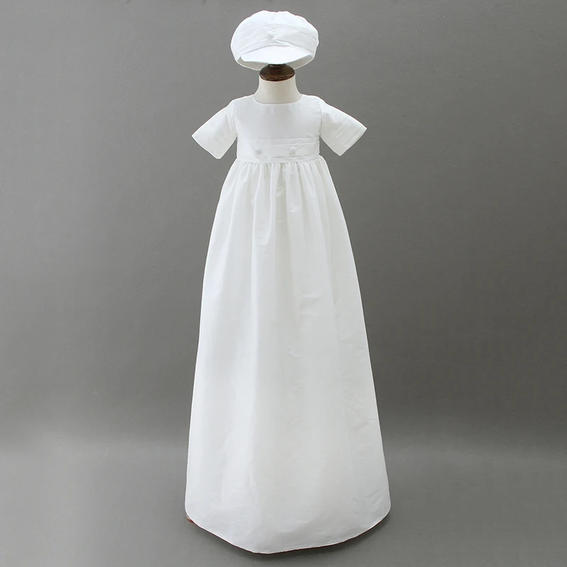 Baby Boy Christening Gown Satin Baptism Robe with Hat Bonnet White Long Dress Frock Newborn Baby Christening Clothing A015