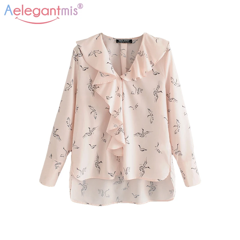 

Aelegantmis Summer Women Casual Pink Cute Ruffled V-Neck Long Sleeve Print Shirt Ladies Fashion Animal Printed Blouse Female