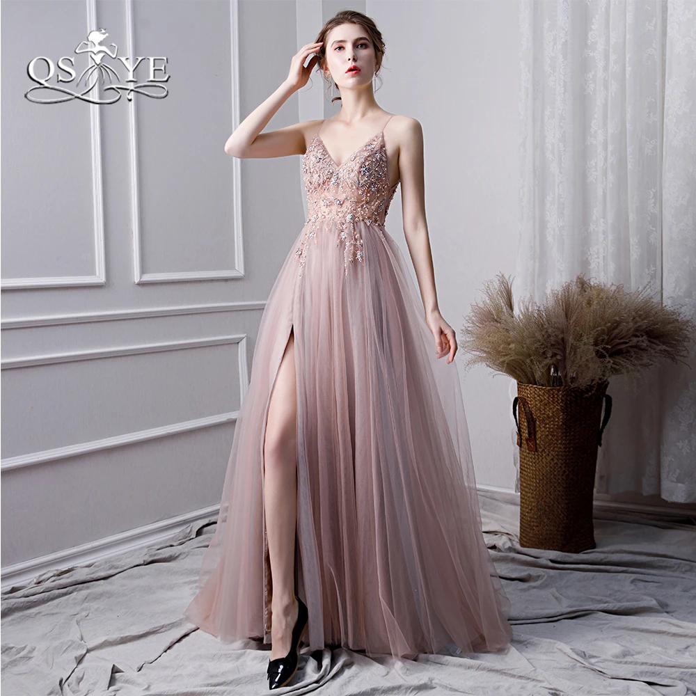 

QSYYE 2019 Pink Long Prom Dress Robe de Soiree High Slit Luxury Beading Tulle Floor Length Formal Evening Dress Party Gowns