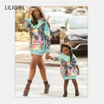 

Spring and Autumn Mommy Daughter Clothes Sweatshirt Family Matching Clothing Mother and I Wear Digital Print Pug Sweater