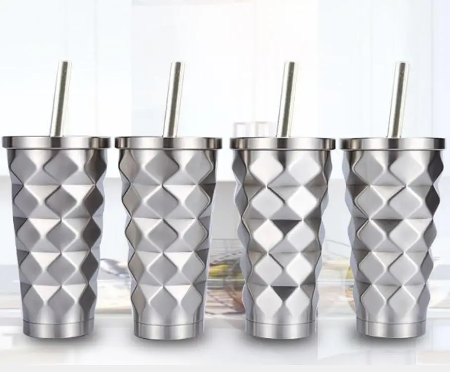 50pcs 500ml 17oz diamond style Coffee Straws cups Stainless Steel Double Wall Beer cups Vacuum