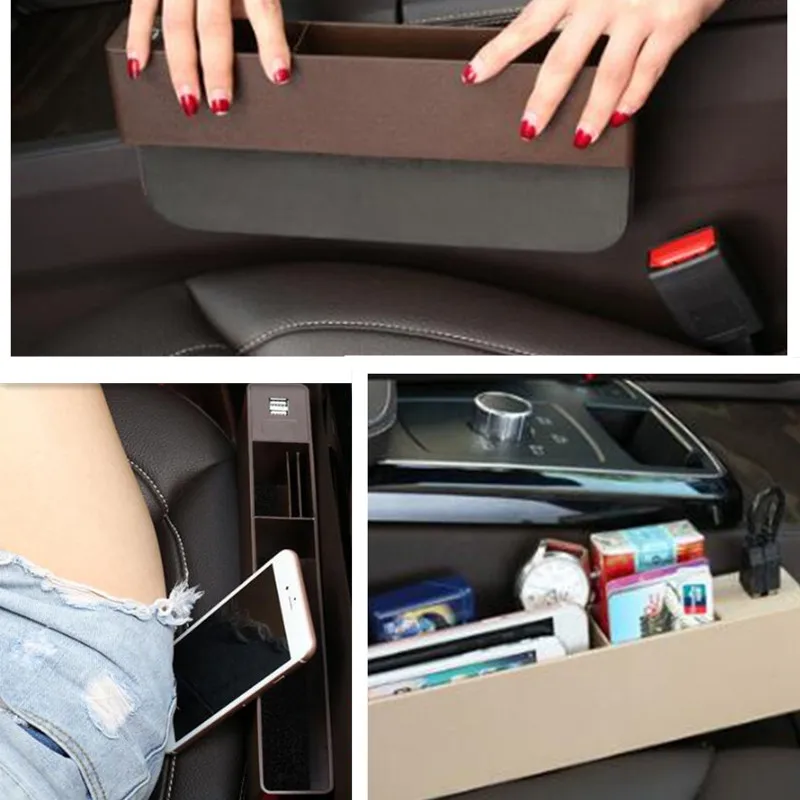 Left and Right Universal Dual USB Car Seat Gap Storage Box Seat Catcher Phone Holder Charger|4 Color