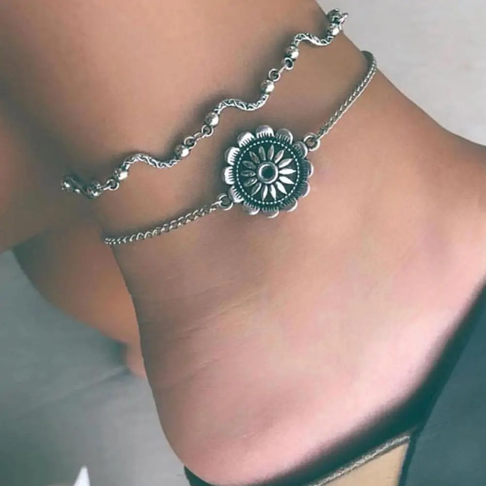 

New Women 2Pcs/Set Bohemian Carved Flower Fishtail Wave Ankle Chain Bracelet Anklet