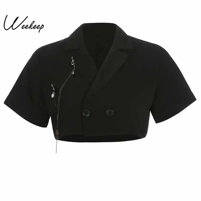 Weekeep, женская укороченная куртка с v-образным вырезом, летняя, короткий рукав, свободная, черная, уличная одежда, куртки для женщин,, укороченный топ - Цвет: Черный