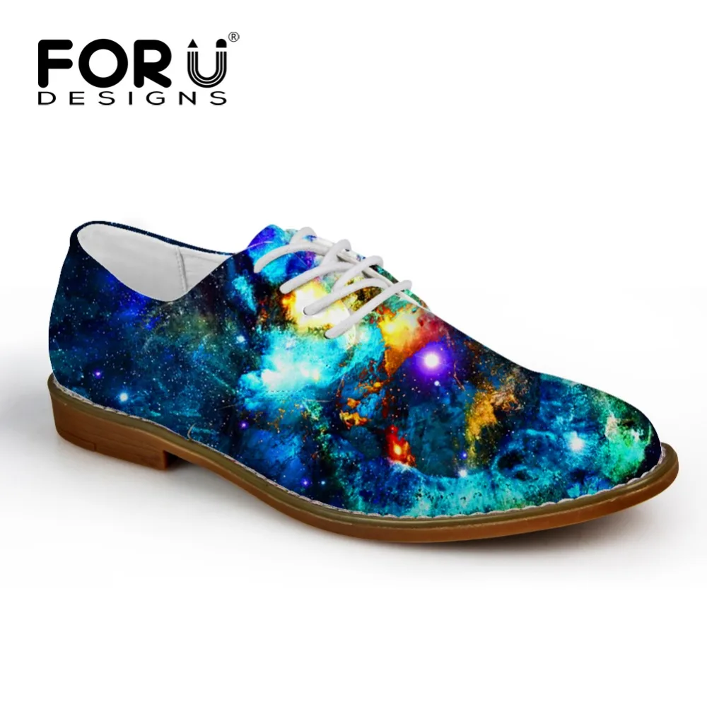 

FORUDESIGNS Blue 3D Galaxy Men Flat Leather Shoes Universe Star Man Summer Breath Man Casual Shoe Brogue Shoe Zapatos Homme 2017
