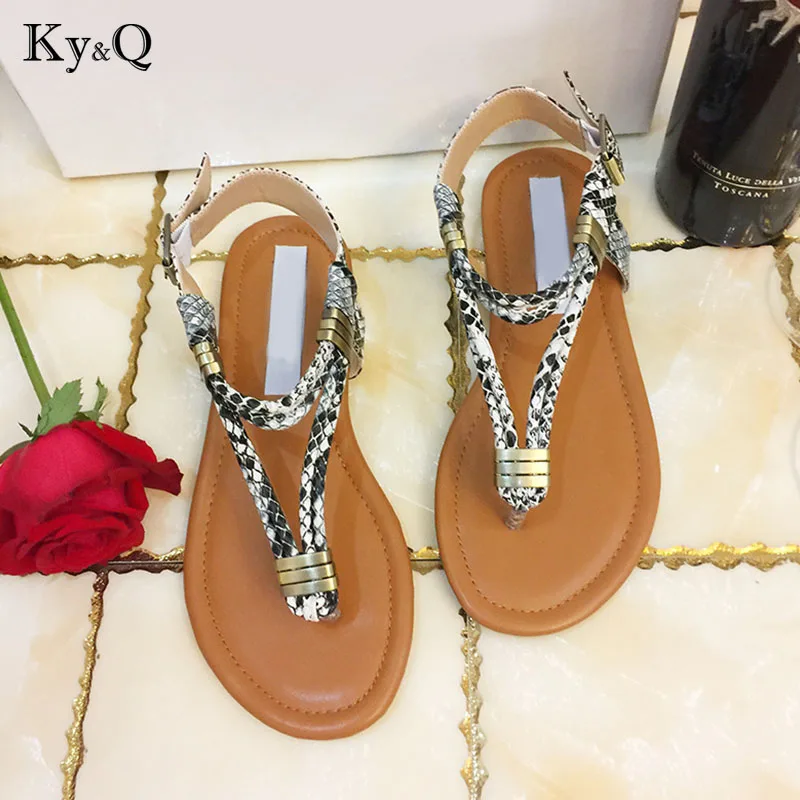 

Summer Sexy Boho Genuine Leather Snakeskin Beach Sandals Women 2018 Elegant Round Top Female Party Streetwear Sweet Flat Shoes