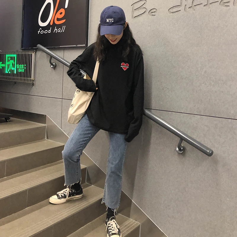 Женские толстовки Harajuku толстый Ulzzang Love вышитый полосатый свитер с высоким воротом для девочек винтажный джемпер Kawaii для женщин