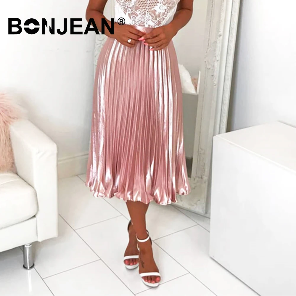 

2 Color Pleated Skirt Long Jupe Femme Summer 2019 Jupe Longue Femme High Waist Silver Pink Skirt Women Saia Longa Z012