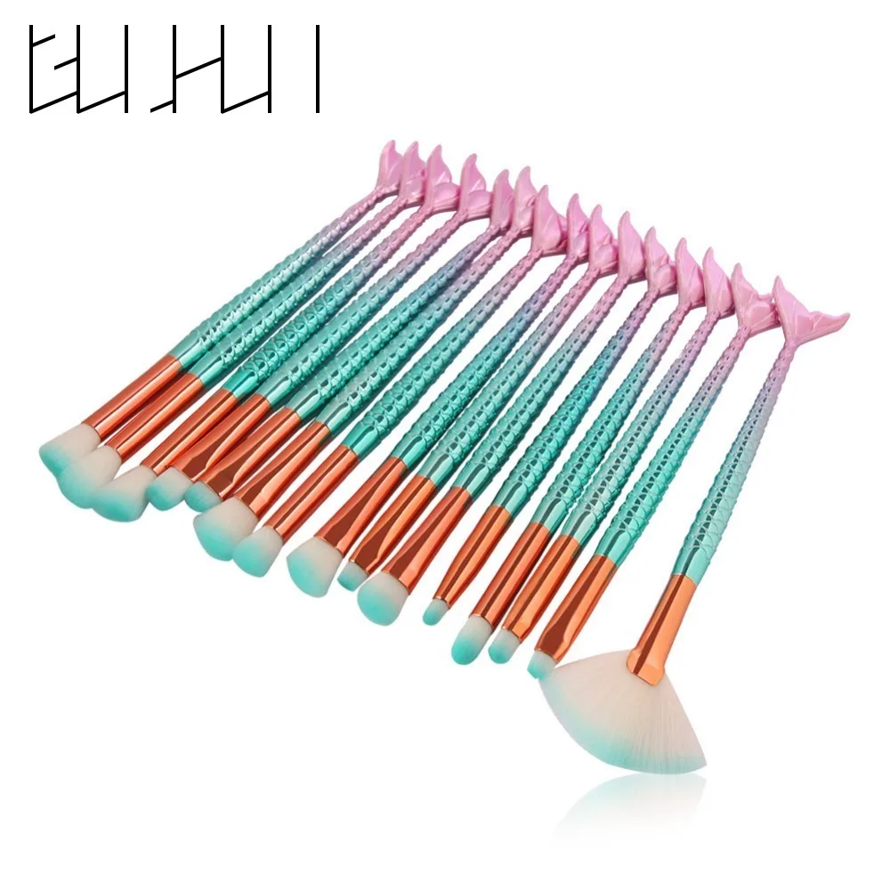 15Pcs Mermaid Eyes Makeup Brushes Professional Eye Shadow Foundation Eyebrow Lip Fan Blusher Brush Cosmetic Make Up Brushes Set