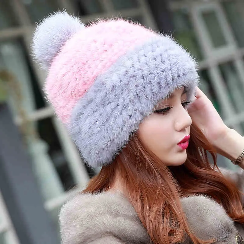

Russia 2016 New Real Knitted Mink Fur Hat for Girl Autumn Winter Beanies Hat with Fox Fur Pom Poms Fashion Fur Cap Factory Sale