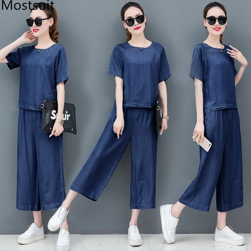 

Summer Blue Denim Thin Two Piece Sets Women Plus Size Short Sleeve Tops And Wide Leg Pants Suits Casual Elegant Women's Set 2019