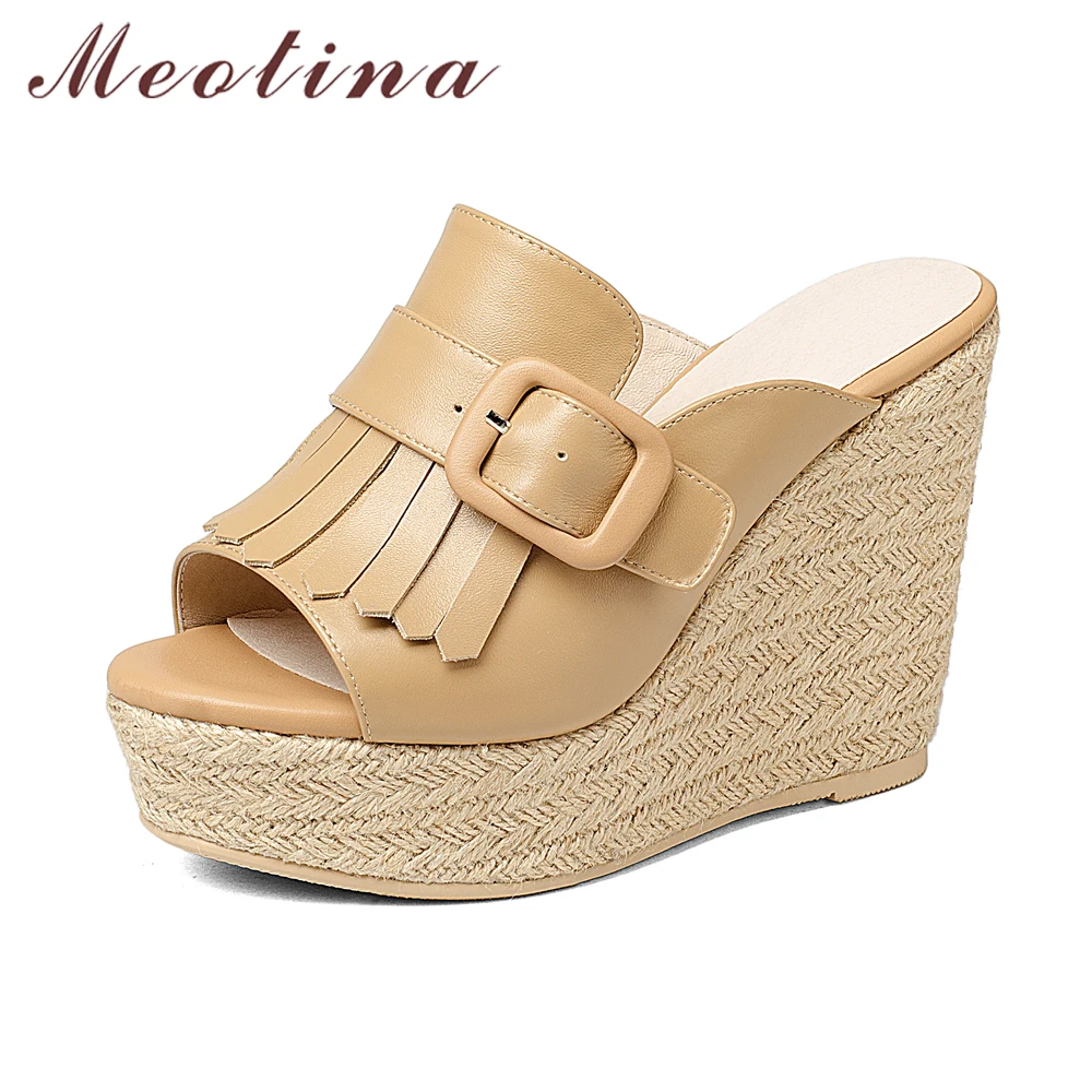 

Meotina Summer Women Slippers Genuine Leather Sandals Platform Wedges Sandals Fringe Extreme High Heels Peep Toe Ladies Slides