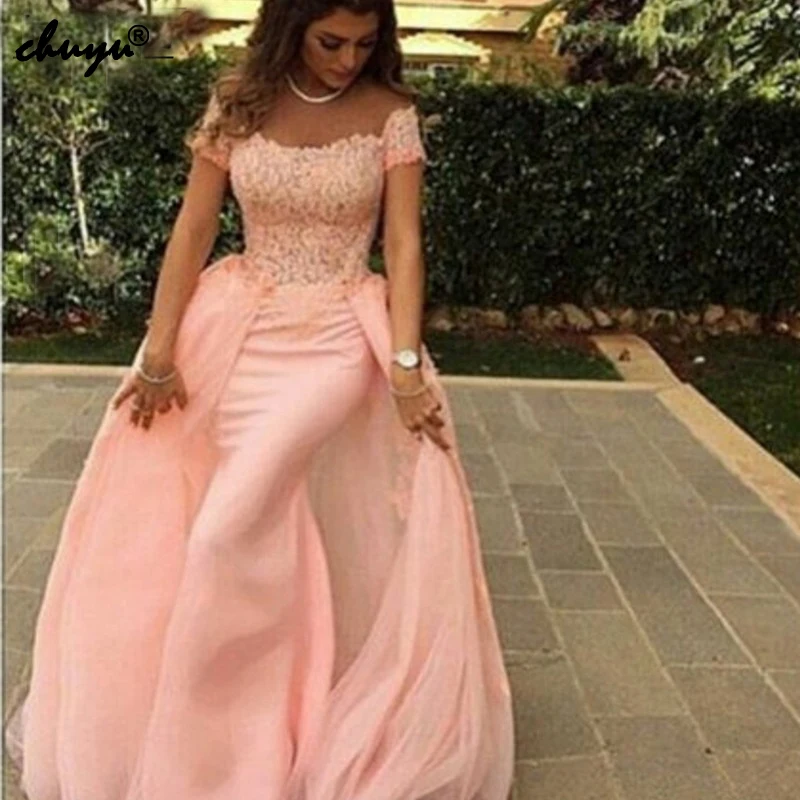 

Off the Shoulder 2019 Cheap Bridesmaid Dresses Mermaid Appliques Detachable Long Wedding Party Dresses Prom Dress