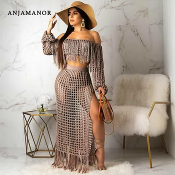 

ANJAMANOR Summer 2 Piece Set Women Crochet Tassel Crop Top Maxi Skirt Plus Size Sexy Clothing Boho Beach Outfit 2019 D43-AF33