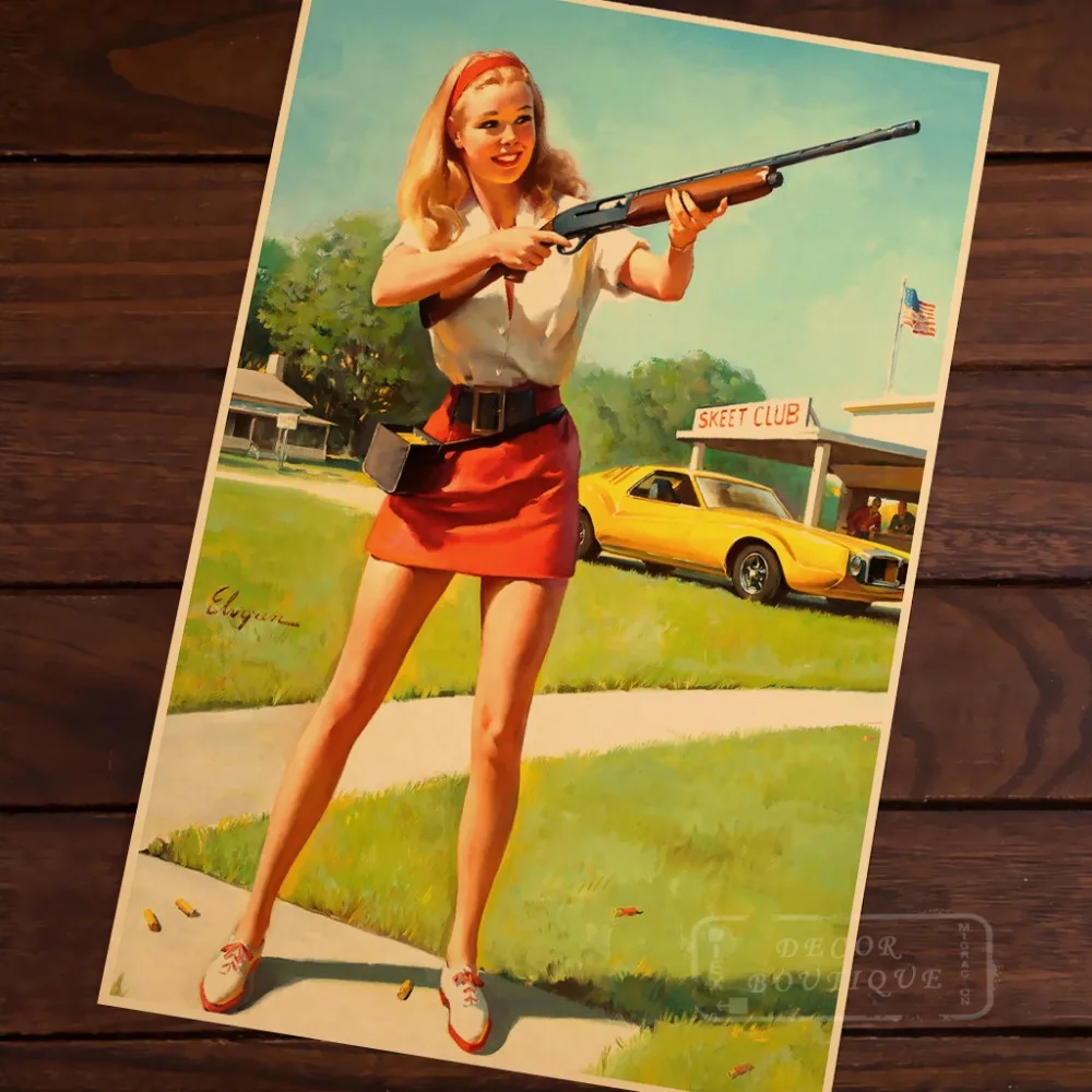 Shotgun Hunt Pin Up девушка поп арт карта Плакат классический винтажный Ретро Крафт холст