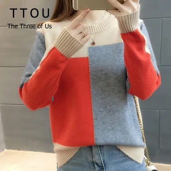 

TTOU Panelled Color Sweater Sweet Women Autumn Knitted Pullover Long Sleeve O Neck High Quality Casual Jumper Top for Female