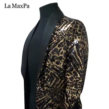 La MaxPa 2017 male singer DJ stage costume Club bar Nightclub Leopard grain Long Jacket Dazzle