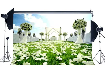

Wedding Ceremony Decoration Backdrop Fresh Rose Flower Petal Backdrops White Curtain Arch Green Grass Meadow Background