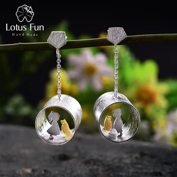 Lotus Fun Real 925 Sterling Silver Earrings Creative Handmade Fine Jewelry Meeting Love With Cat Drop Earrings for Women Brincos