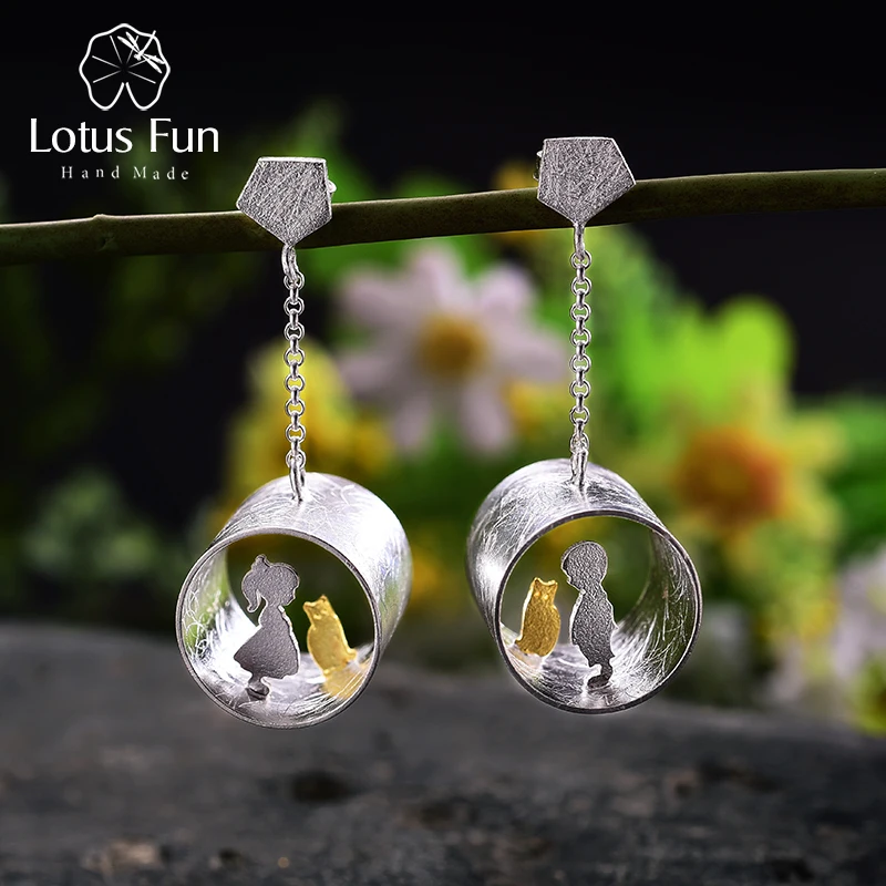 Lotus Fun Real Plata de Ley 925 Natural creativo hecho a mano joyería fina reunión amor con Gato pendientes de gota para mujeres Brincos - 1