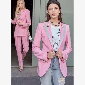 

New American women's wear latest star style three dimensional rose buckle print lined pink body suit jacket
