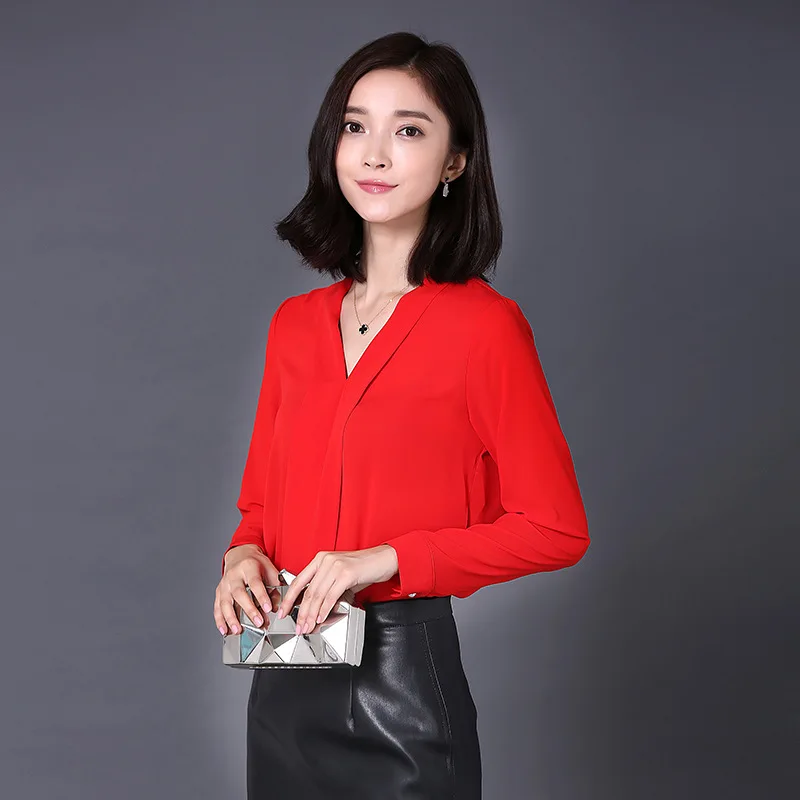 Autumn Korean Style Vogue Women Chiffon Blouses V-Neck Long Sleeve Off White Office Elegant Lady Tops Blusas Femininas Plus Size Blouses